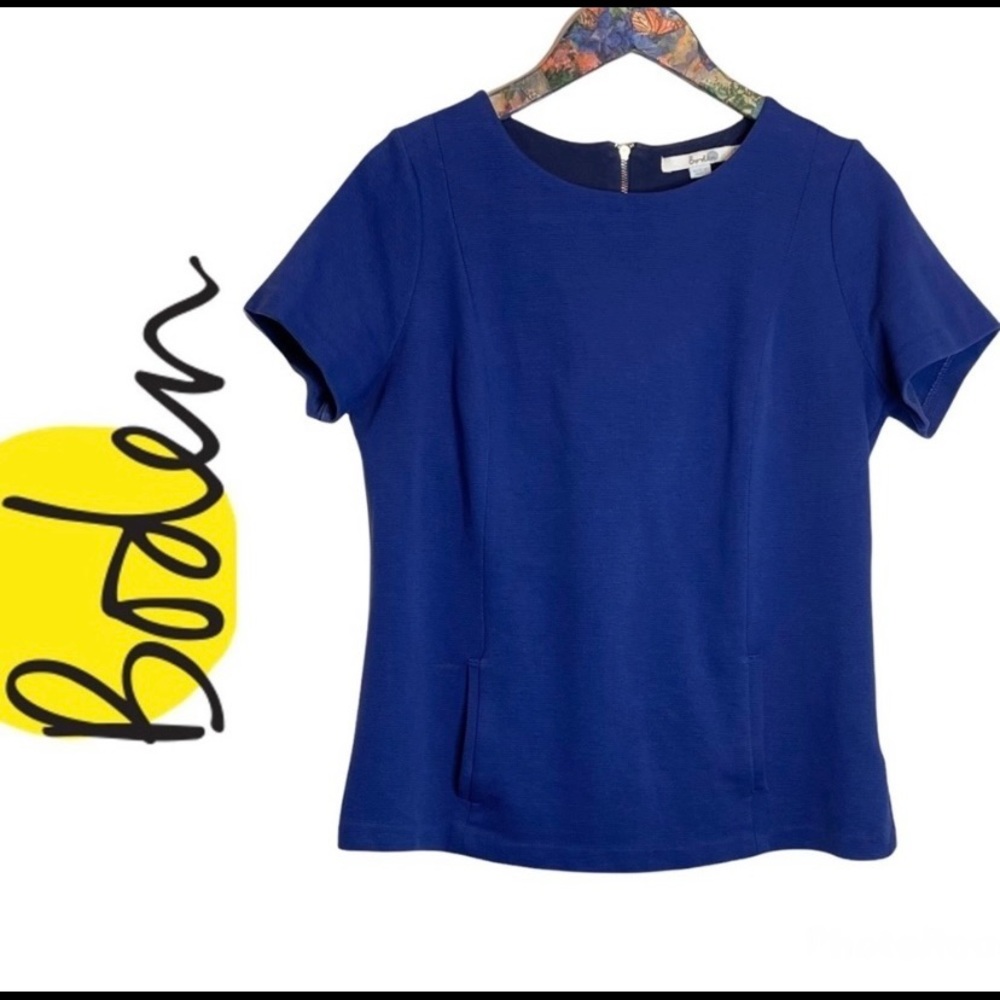 Boden | Ponte Knit Short Sleeve Top Pockets Zip Up Back Royal Blue